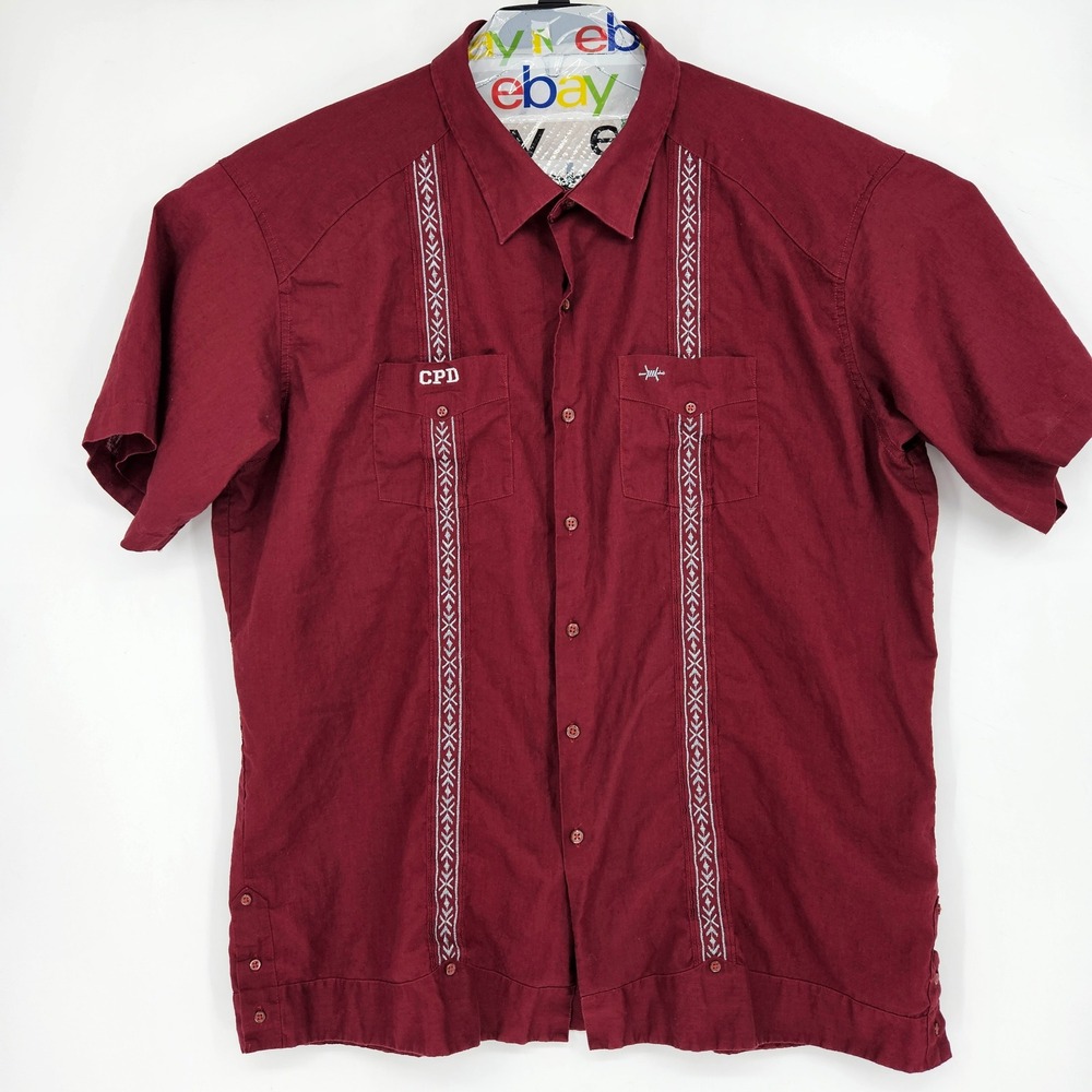 Texas Standard Guayabera Shirt Mens 3XL Western Linen Blend Maroon Short Sleeve‎